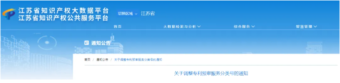 江蘇省關(guān)于調(diào)整專利預審服務分類號的通知